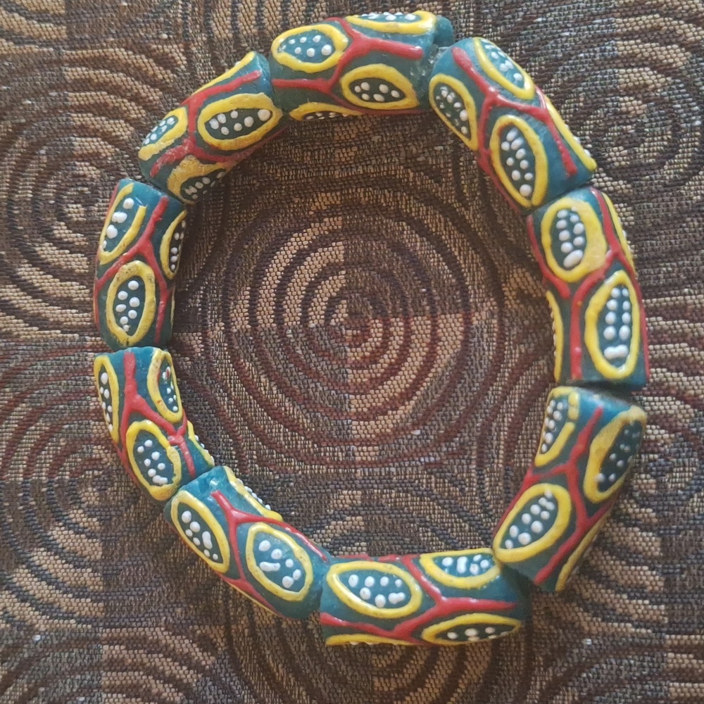 Ghana Krobo Millefiori Green Multi Recycled Glass AfricanTrade Bead Bracelet